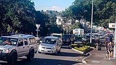 Traffic slowly works up to high ground at Whangarei, New Zealand, as a tsunami warning is issued Friday, March 5, 2021. 