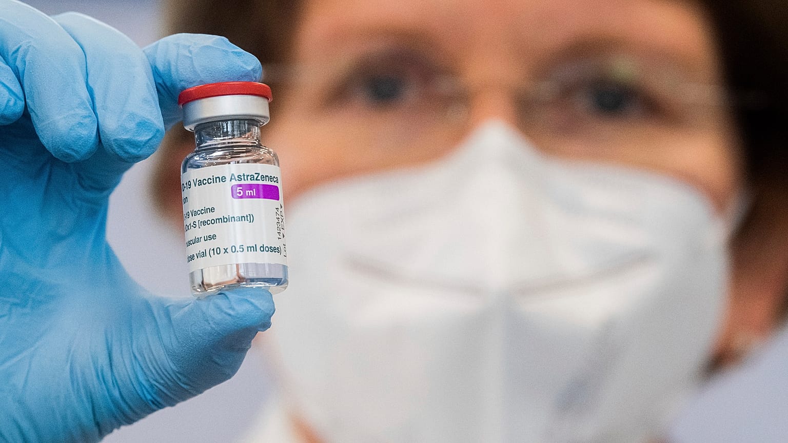 A vial of AstraZeneca vaccine at the Lower Saxony Central Police Directorate during the start on the vaccination campaign for police officers, in Hanover on March 4, 2021