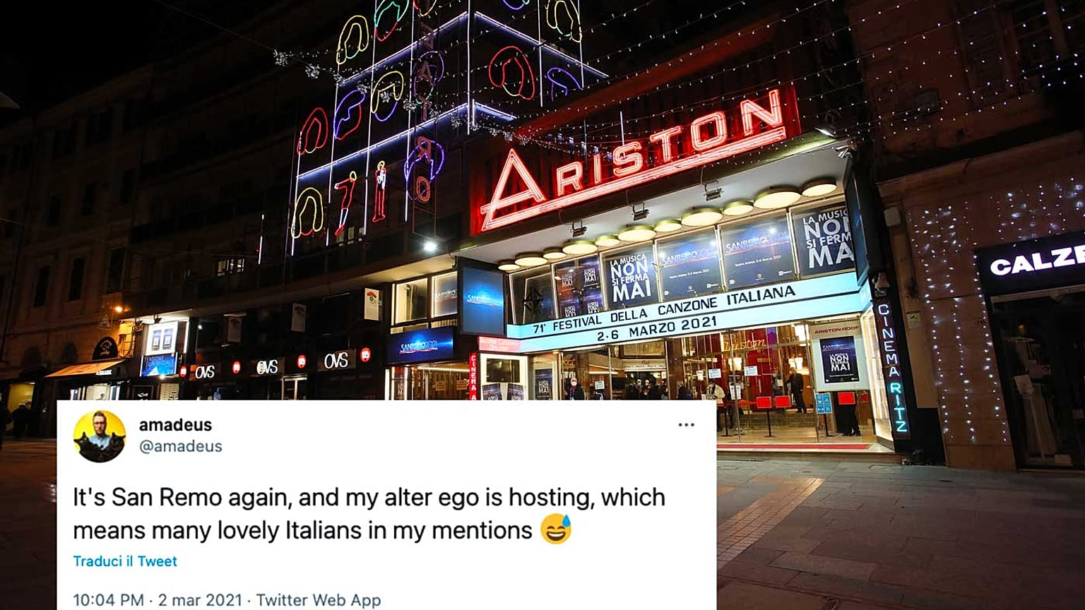 Il teatro Ariston di Sanremo, dove l'altro "Amadeus" - quello californiano - non ha mai messo piede in vita sua