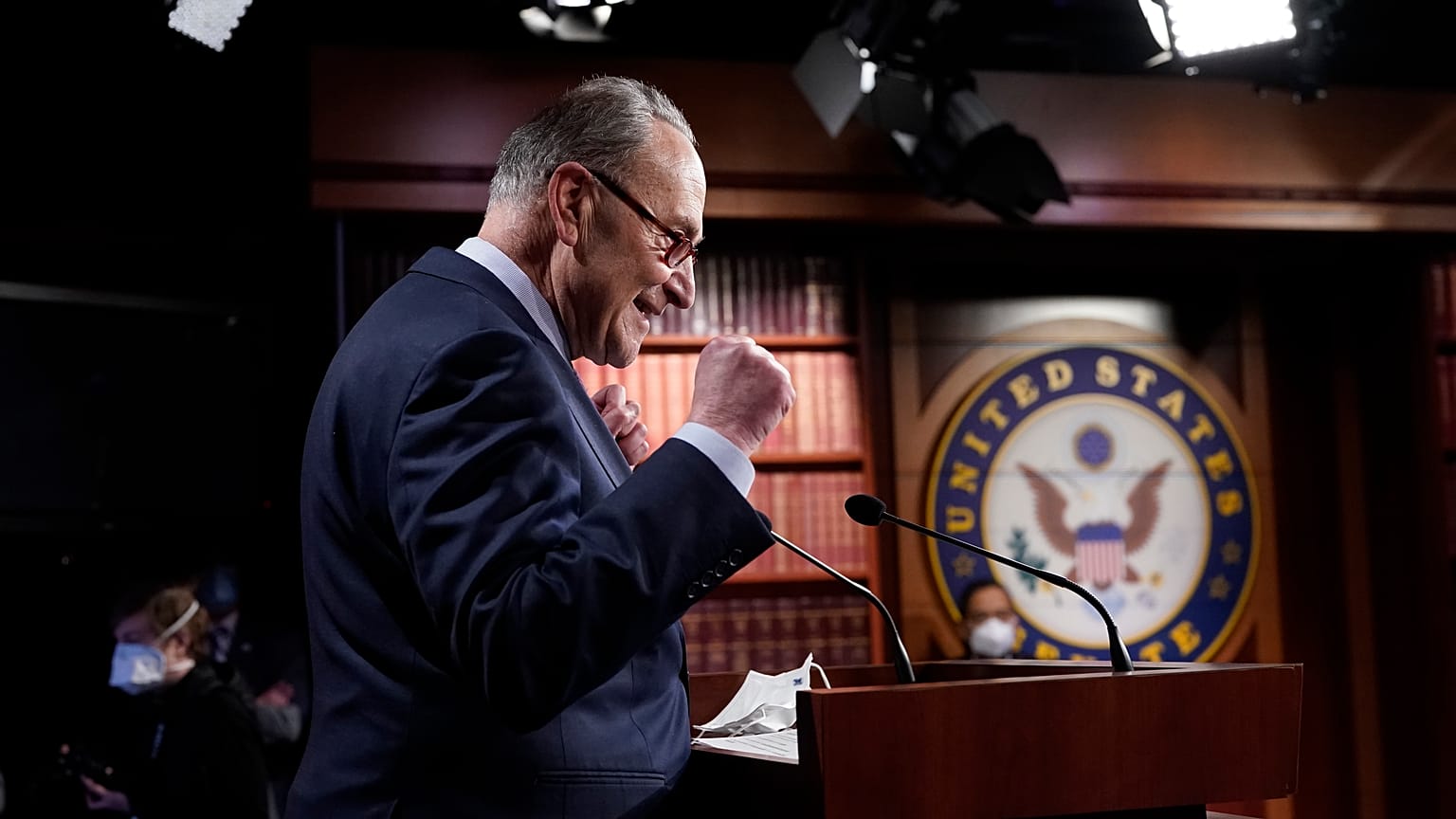 Senate Majority Leader Chuck Schumer of N.Y., speaks during a news conference after the Senate passed a COVID-19 relief bill in Washington, Saturday, March 6, 2021. 
