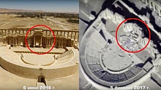 Footage taken from the Russian Defense Ministry official website, purports to show the Roman-era amphitheater on June 6, 2016, left, and on Feb. 5, 2017, right, in Palmyra.