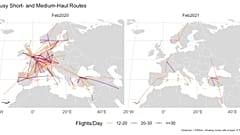 Antes/ después. Líneas con más de 12 vuelos al día en febrero de 2020 y febrero de 2021. 