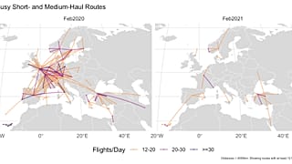 Antes/ después. Líneas con más de 12 vuelos al día en febrero de 2020 y febrero de 2021.