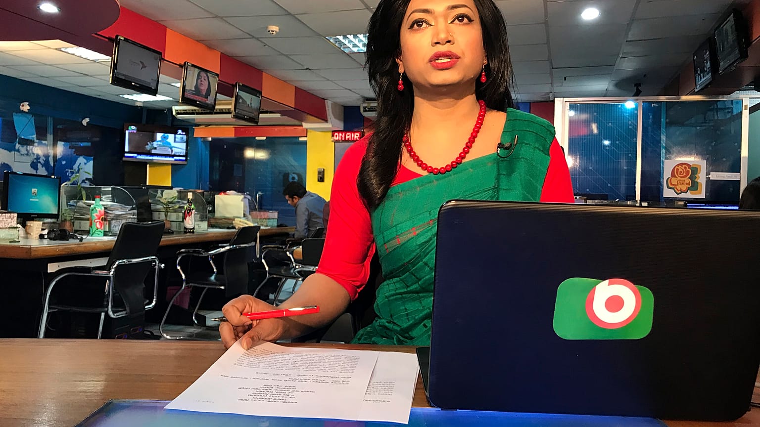 Bangladesh's first transgender news anchor Tashnuva Anan Shishir reads news bulletin , in Dhaka, Bangladesh, Tuesday, March 9, 2021. 