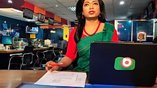 Bangladesh's first transgender news anchor Tashnuva Anan Shishir reads news bulletin , in Dhaka, Bangladesh, Tuesday, March 9, 2021. 