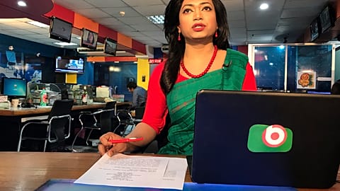 Bangladesh's first transgender news anchor Tashnuva Anan Shishir reads news bulletin , in Dhaka, Bangladesh, Tuesday, March 9, 2021. 
