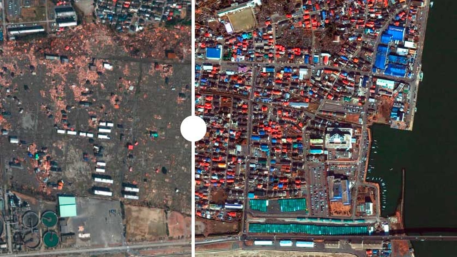 Le immagini satellitari che mostrano la zona di ricostruzione portuale della città di Fukushima, 10 anni dopo terremoto e tsunami