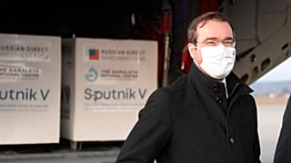 Marek Krajci pictured at Kosice Airport on Monday as Russia's Sputnik V coronavirus vaccine arrived in Slovakia.