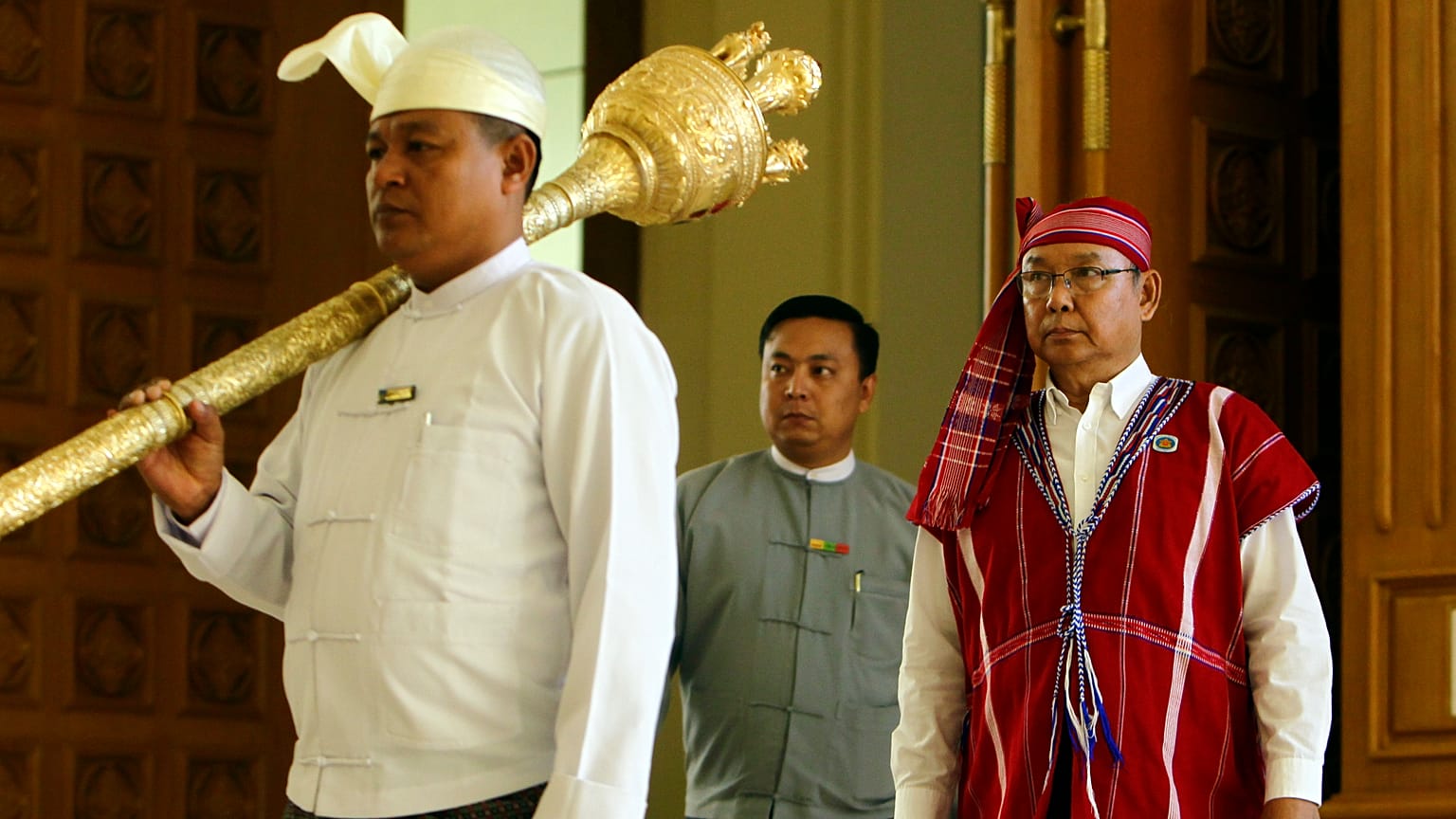 Mahn Win Khaing Thanm, then Parliament Chairman, arrives to attend the first day of a regular session of the Union Parliament in Naypyitaw, Myanmar, Jan. 30, 2017.