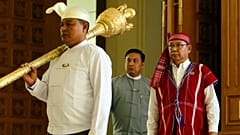 Mahn Win Khaing Thanm, then Parliament Chairman, arrives to attend the first day of a regular session of the Union Parliament in Naypyitaw, Myanmar, Jan. 30, 2017.