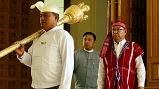 Mahn Win Khaing Thanm, then Parliament Chairman, arrives to attend the first day of a regular session of the Union Parliament in Naypyitaw, Myanmar, Jan. 30, 2017.