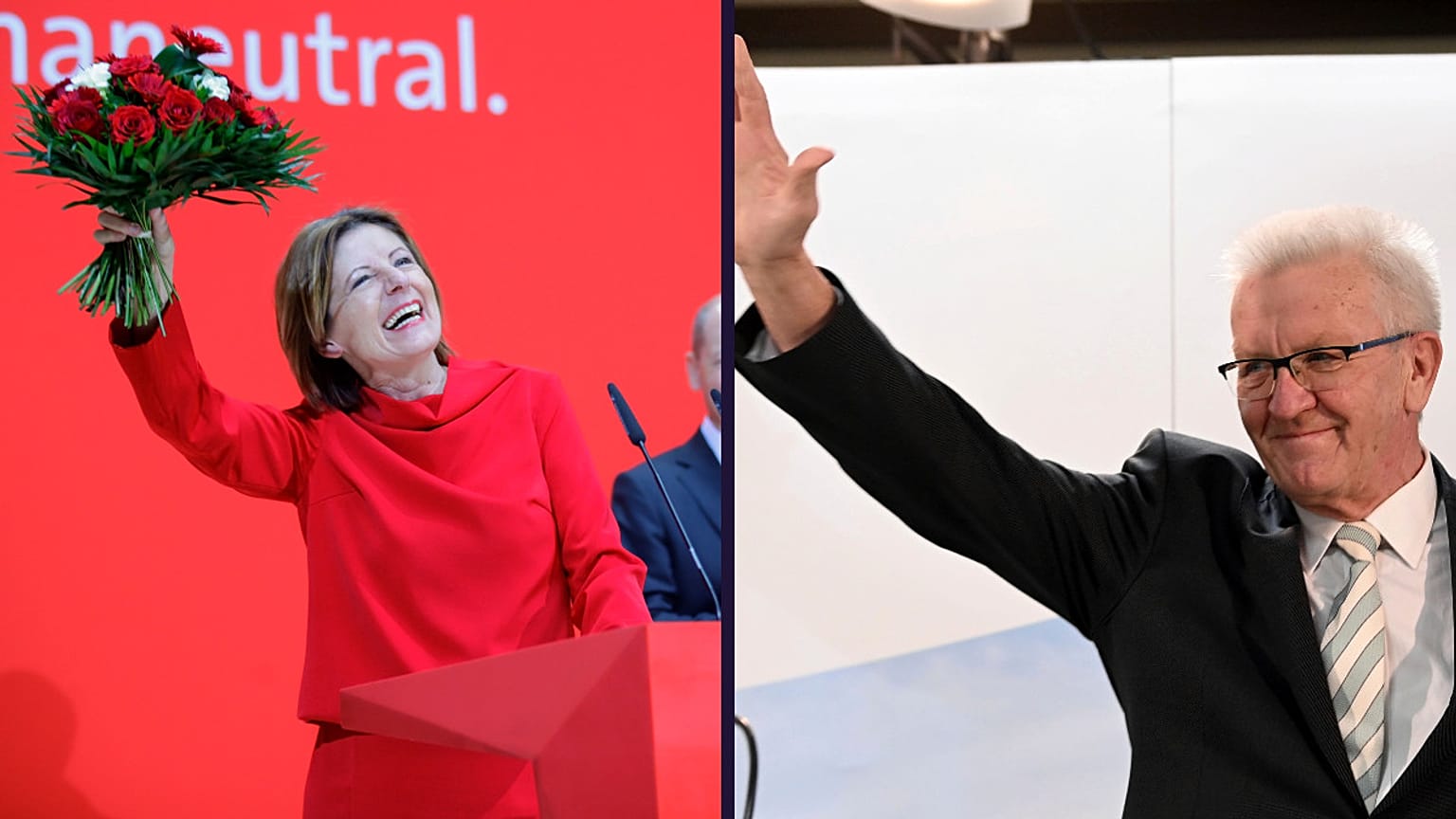 Malu Dreyer (SPD) e Winfried Kretschmann (Verdes) celebram os triunfos de domingo