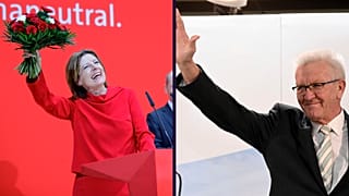 Malu Dreyer (SPD) e Winfried Kretschmann (Verdes) celebram os triunfos de domingo