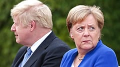 German Chancellor Angela Merkel welcomes Britain's Prime Minister Boris Johnson for a meeting at the Chancellery in Berlin, Germany, Wednesday, Aug. 21, 2019