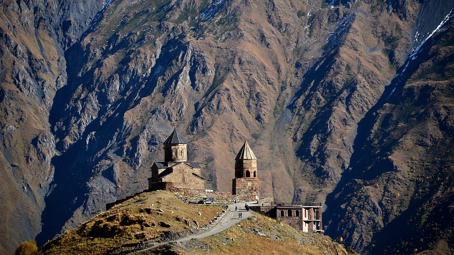 4th century Gergeti church in the village of Stepantsminda (former Kazbegi) close to Russian-Georgian border, some 160 km north of the capital Tbilisi.