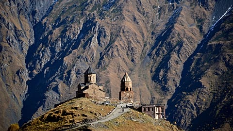 4th century Gergeti church in the village of Stepantsminda (former Kazbegi) close to Russian-Georgian border, some 160 km north of the capital Tbilisi.