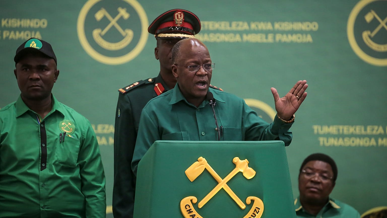 In this July 11, 2020 file photo, Tanzania's President John Magufuli speaks at the national congress of his ruling Chama cha Mapinduzi (CCM) party in Dodoma, Tanzania.