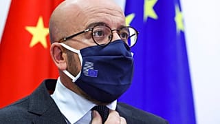 European Council President Charles Michel prepares to speak with China's President Xi Jinping during a videoconference summit at the European Council building in Brussels