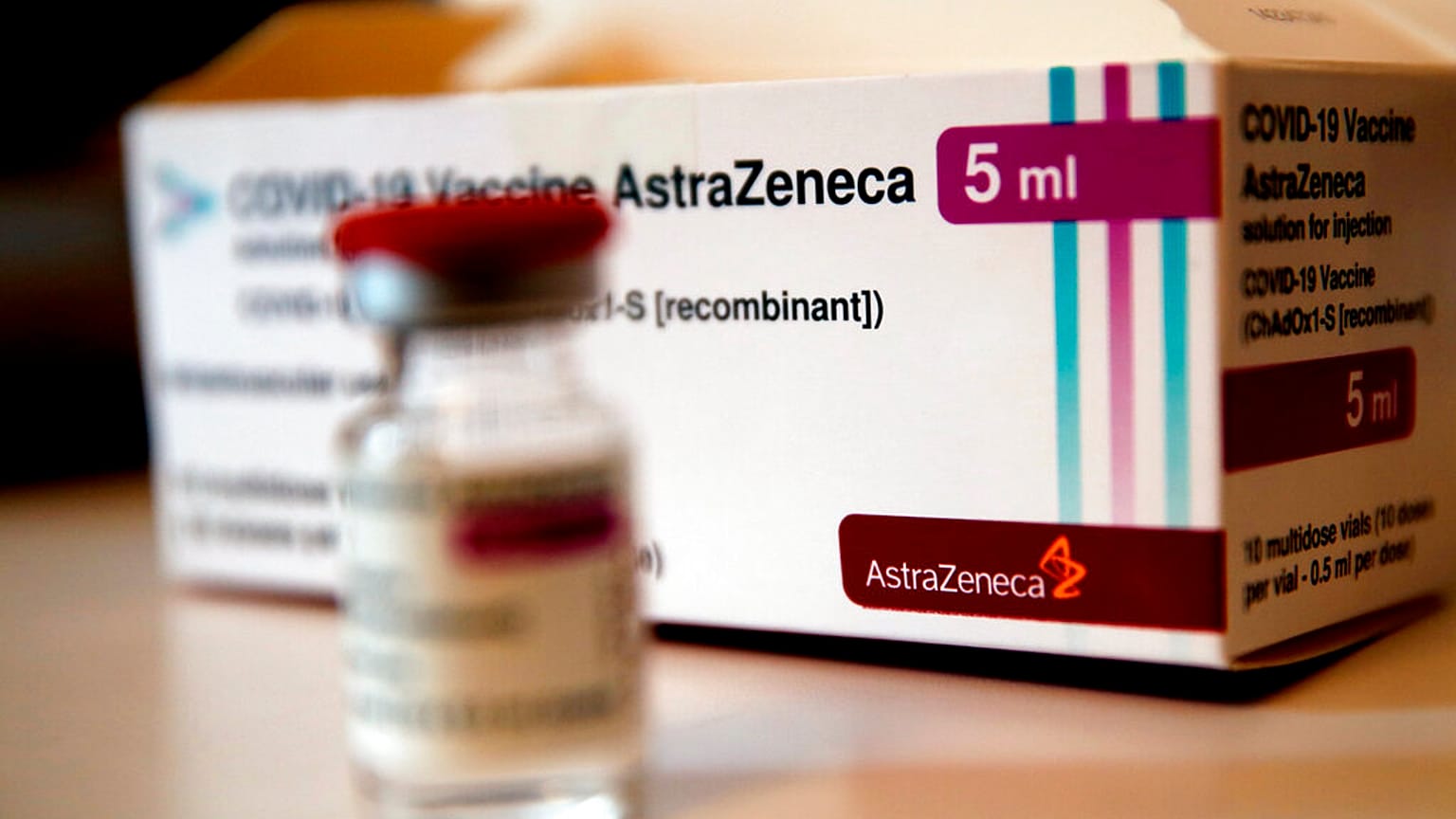 A box of AstraZeneca vaccine is pictured in a pharmacy in Boulogne Billancourt, outside Paris, Monday, March 15, 2021
