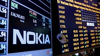 The Nokia brand name is displayed on the floor of the New York Stock Exchange in New York.