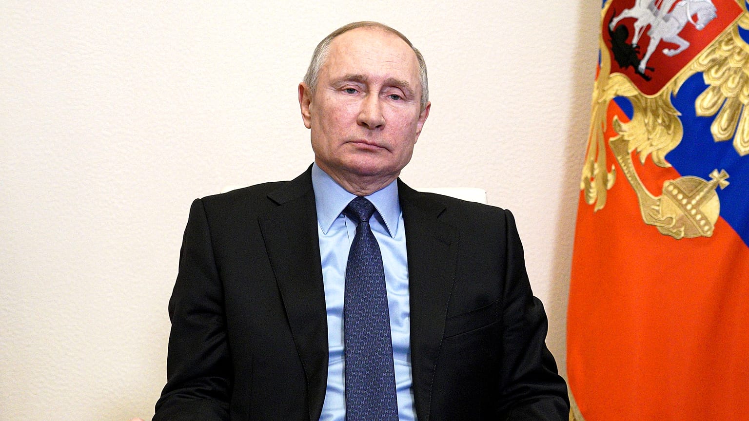 Russian President Vladimir Putin chairs a Security Council meeting via video conference at the Novo-Ogaryovo residence outside Moscow, Russia, Friday, March 12, 2021.