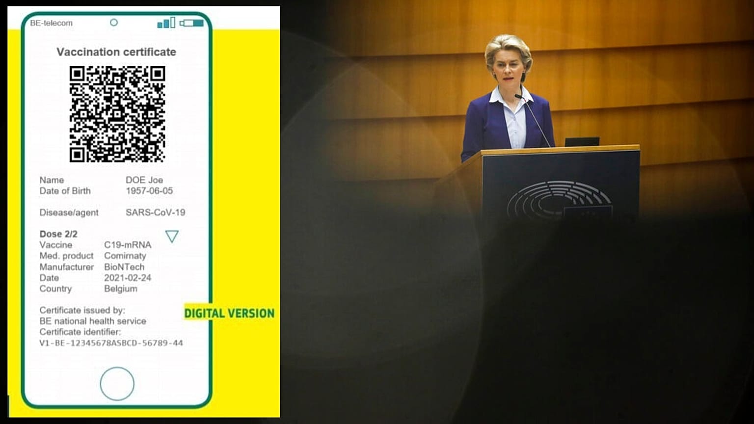 Una muestra de a qué podría parecerse el certificado, junto a la presidenta de la Comisión Úrsula von der Leyen
