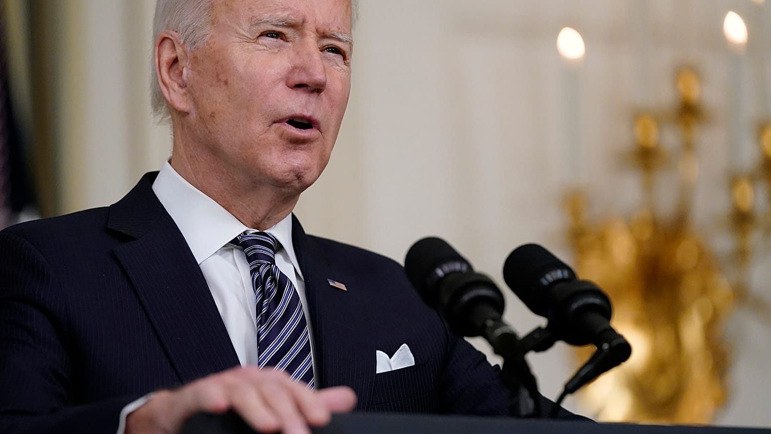 President Joe Biden speaks about the COVID-19 relief package in the State Dining Room of the White House, Monday, March 15, 2021, in Washington.