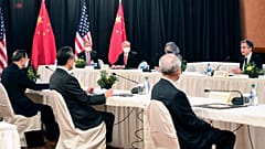 Senior Chinese and US officials including Secretary of State Antony Blinken, far right, at the US-China talks in Anchorage, Alaska, Thursday, March 18, 2021.  