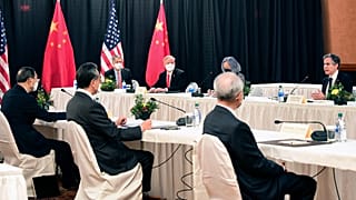 Senior Chinese and US officials including Secretary of State Antony Blinken, far right, at the US-China talks in Anchorage, Alaska, Thursday, March 18, 2021.  