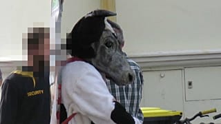 Mann mit Ganzkörper-Kuhkostüm 2018