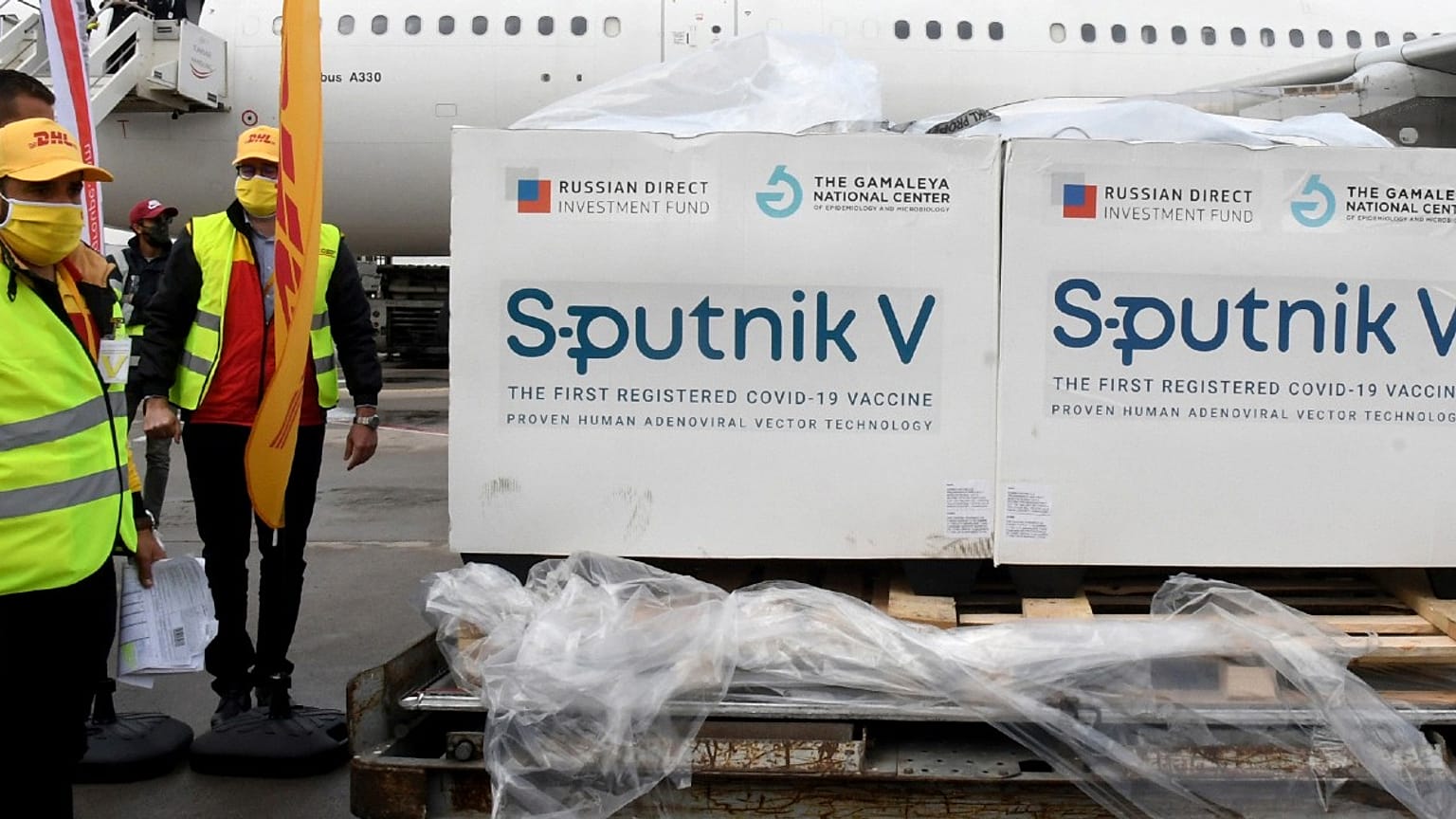 Boxes loaded with the Russian Sputnik V COVID-19 vaccine arrive at Tunis airport, Tuesday, March 9, 2021