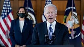 President Biden with Vice-President Harris after meeting leaders from Georgia's Asian-American and Pacific Islander community, March 19, 2021, at Atlanta's Emory University.