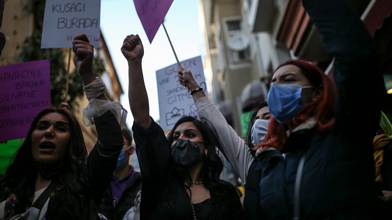 FILE - In this Monday, March 8, 2021, photo, protesters chant slogans during a rally to mark International Women's Day in Istanbul. 