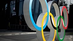 This photo shows the Olympic rings installed at the Japan Olympic Museum in Tokyo on Friday, March 19, 2021. 