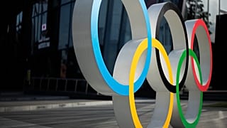 This photo shows the Olympic rings installed at the Japan Olympic Museum in Tokyo on Friday, March 19, 2021.