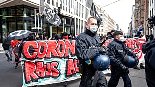 Various initiatives and left-wing groups demonstrate against a demo of right-wing extremists and so-called "Reichsbuerger" in Berlin, Germany, Saturday, March 20, 2021. 
