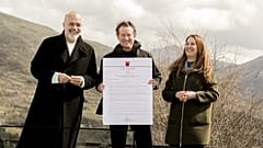 Albanian Prime Minister Edi Rama, Minister of Tourism and Environment Mirela Kumbaro Furxhi and Patagonia CEO Ryan Gellert sign a declaration for the Wild River National Park