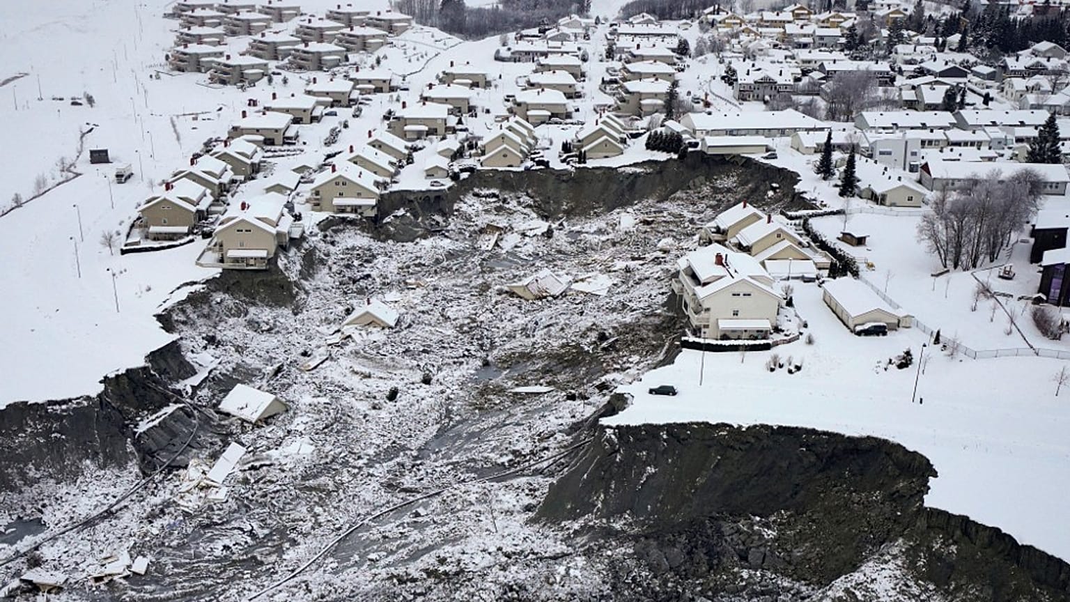 This aerial view shows the landslide area near the village of Ask in Gjerdrum municipality.