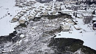 This aerial view shows the landslide area near the village of Ask in Gjerdrum municipality.