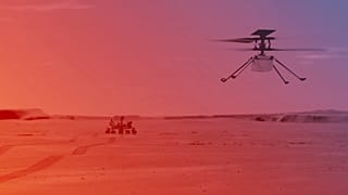 تظهر هذه الصورة التي التقطتها وكالة ناسا في 23 آذار / مارس 2021 رسماً توضيحياً لطائرة هليكوبتر تابعة لناسا وهي تحلق على سطح المريخ