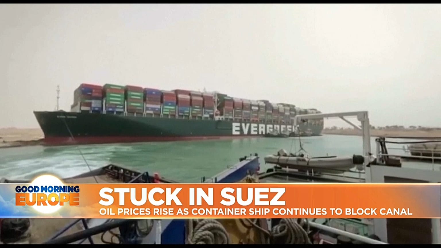 Mega container ship stuck in the Suez Canal in Egypt