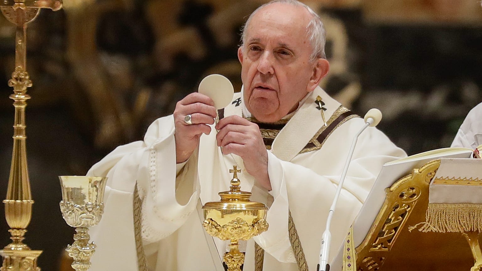 Pope Francis celebrates a Mass in St. Peter's Basilica at the Vatican on Feb. 2, 2021.