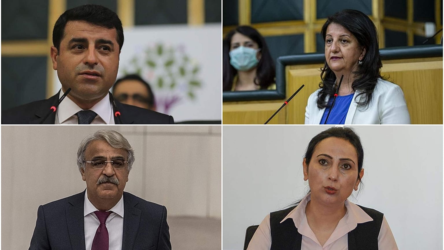 HDP Eş Genel Başkanları Pervin Buldan (sağda üstte) ve Mithat Sancar (sol atta), önceki eş genel başkanlar Figen Yüksekdağ (sağ altta) ve Selahattin Demirtaş (sol üstte) 