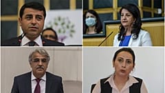 HDP Eş Genel Başkanları Pervin Buldan (sağda üstte) ve Mithat Sancar (sol atta), önceki eş genel başkanlar Figen Yüksekdağ (sağ altta) ve Selahattin Demirtaş (sol üstte) 