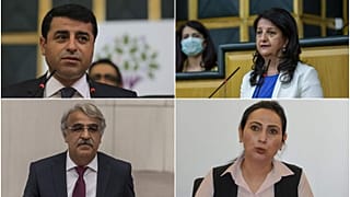 HDP Eş Genel Başkanları Pervin Buldan (sağda üstte) ve Mithat Sancar (sol atta), önceki eş genel başkanlar Figen Yüksekdağ (sağ altta) ve Selahattin Demirtaş (sol üstte)