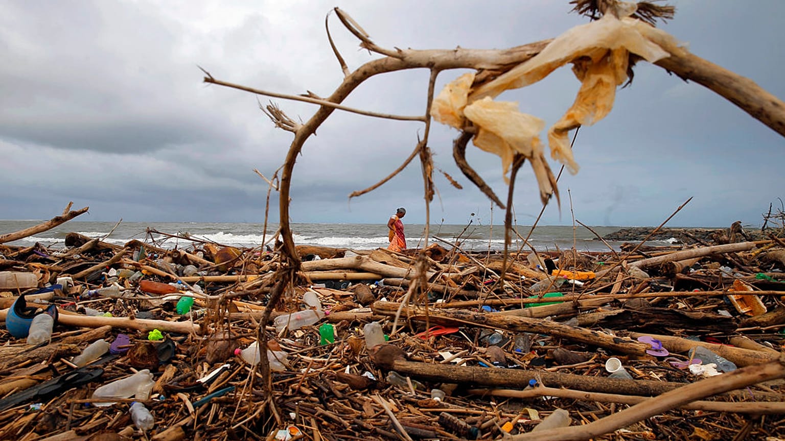 A Sri Lankan ragpicker searches for plastic waste washed ashore on the promenade of the Indian ocean in Colombo, Sri Lanka, Monday, June 4, 2018