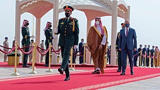 ولي العهد السعودي محمد بن سلمان لدى استقباله رئيس الوزراء العراقي مصطفى الكاظمي في الرياض, 2021/03/31
