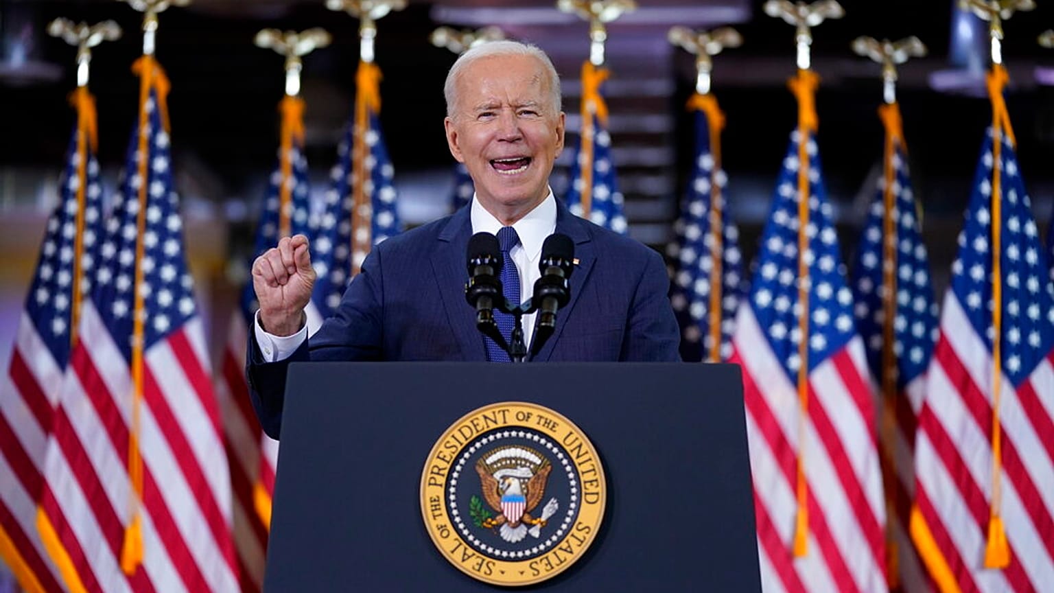Joe Biden speaking at Carpenters Pittsburgh Training Center, March 31, 2021, in Pittsburgh