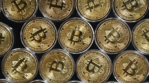 A physical imitation of a Bitcoin at a crypto currency "Bitcoin Change" shop, near Grand Bazaar, in Istanbul.
