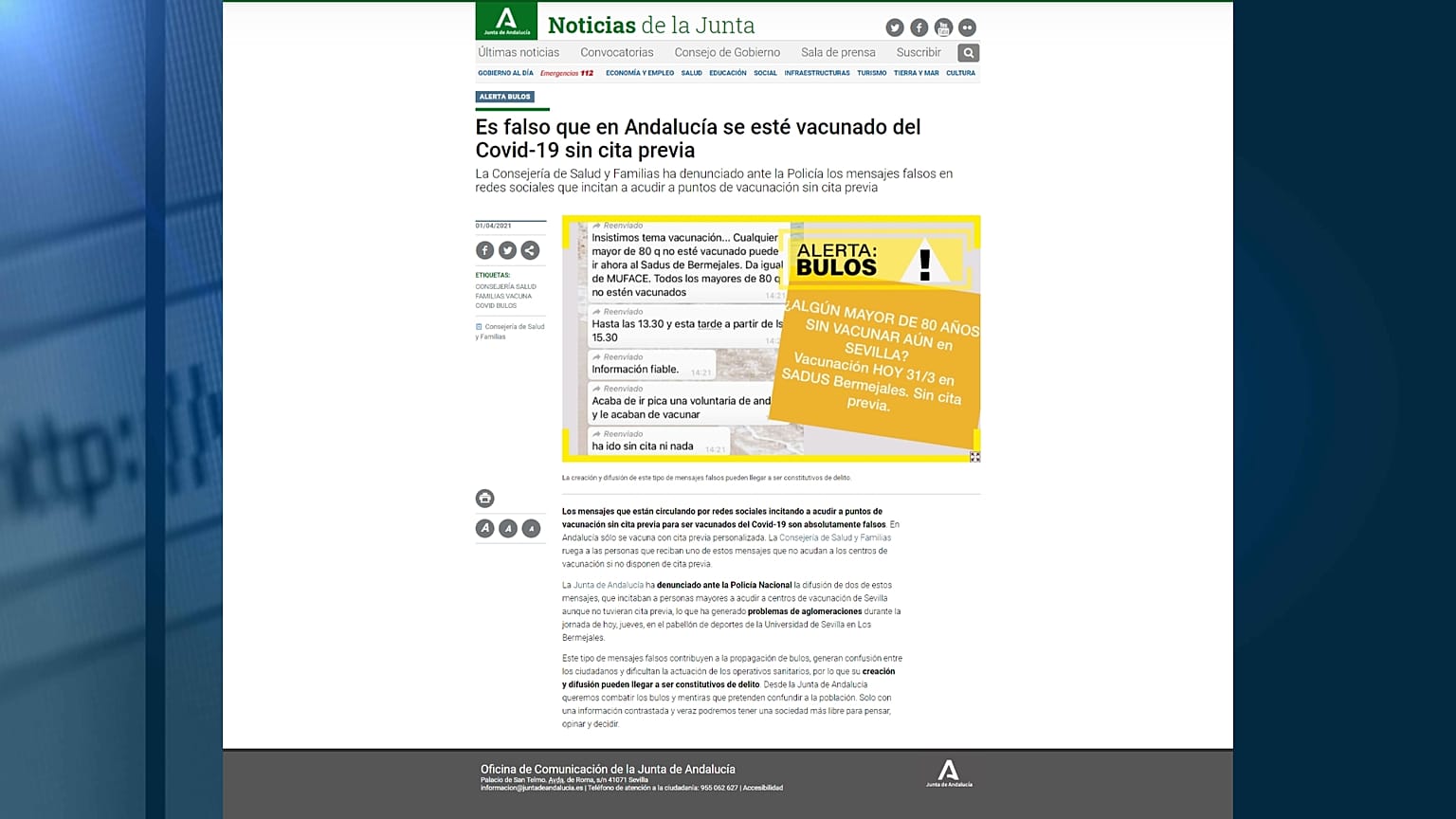 Comunicado de la Junta de Andalucía desmintiendo la información del bulo este jueves 1 de abril.